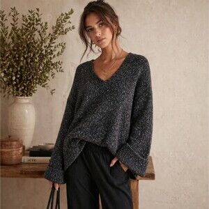 Anthropologie Maggie Sweater XS Gray Bell Sleeve V Neck Oversized Slouchy Knit